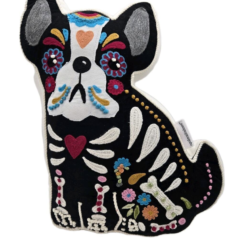Cupcakes & Cashmere Day of the Dead Dog Pillow Terrier Frenchie Embroidered NEW
